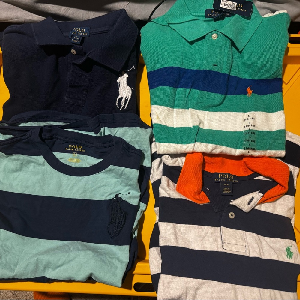 4 Boys Polo Ralph Lauren Shirts Size Large – 3 Collared, 1 Striped Tee